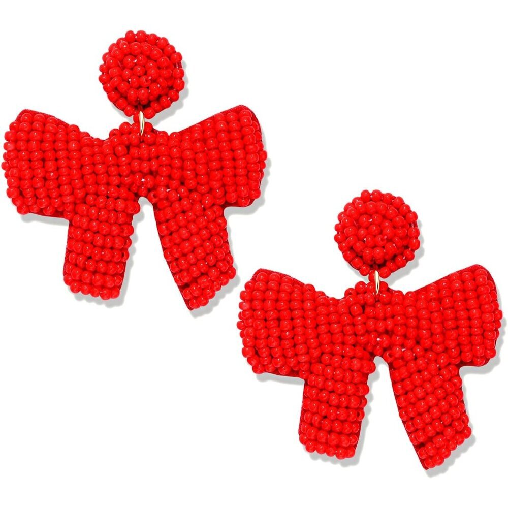 Chic Holiday Bow Drop Earrings - Lightweight Red & Green Beaded Festive Jewelry